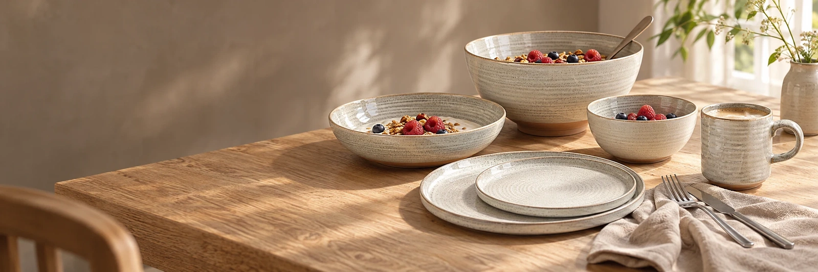 Cameo-service i beige fra Salt & Pepper med middagstallerken, desserttallerken, dyb tallerken, skål, krus med hank og stor serveringsskål på et lyst træbord