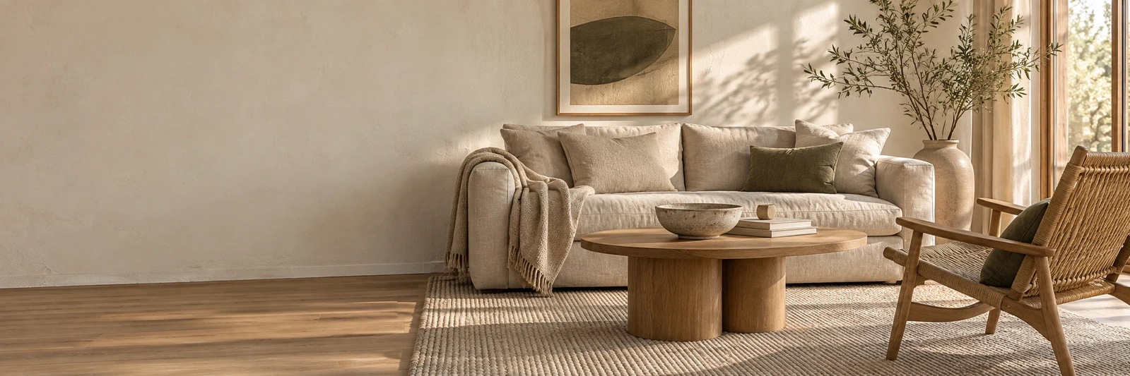 Lys stue med hørsofa, egetræsmøbler og varmt sollys