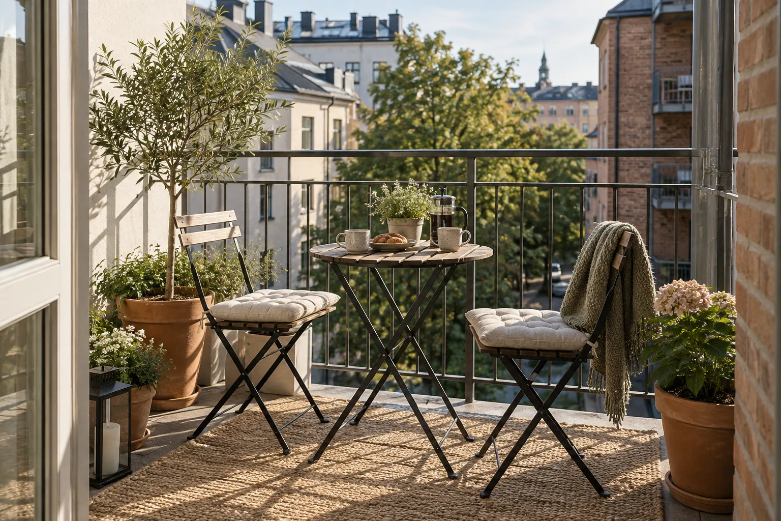 Lille altan med kompakt bord, to klapstole og terracottakrukker