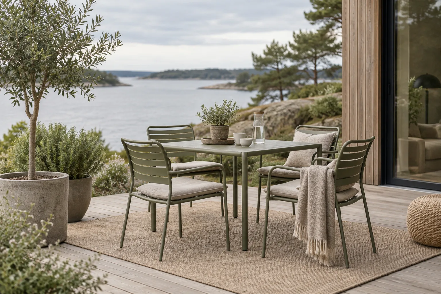 Havebord og stole i lakeret metal på en rolig terrasse med grønne planter