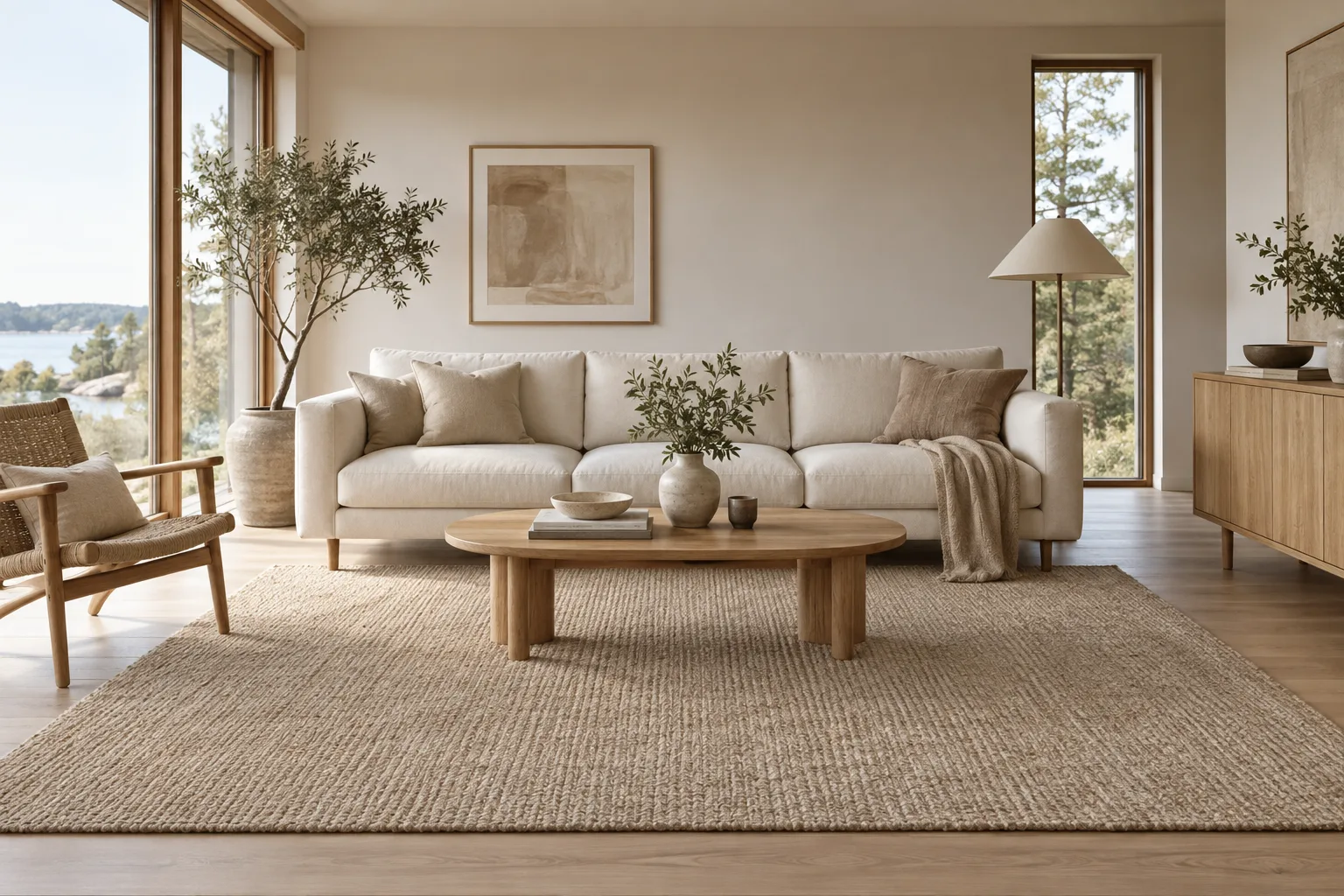 Lys sofa med forbenene på et stort beige gulvtæppe i en skandinavisk stue