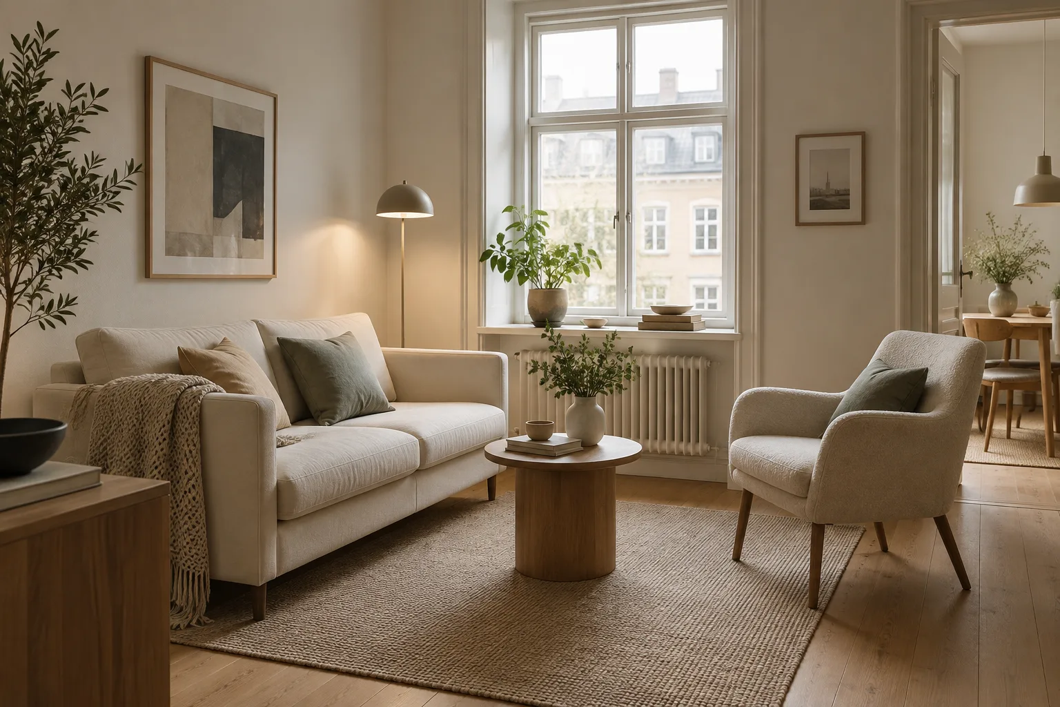 Sofa i en stue med lyse, naturlige nuancer