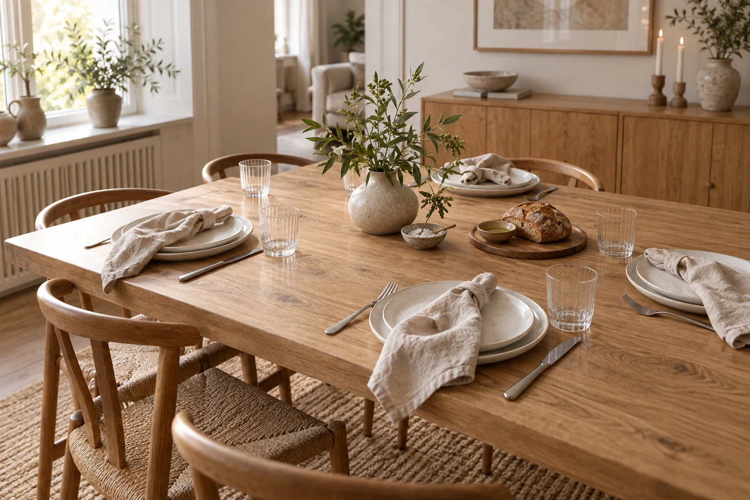 Egetræsbord dækket med lyst keramikservice, klare glas, beige stofservietter og grønne grene i en vase
