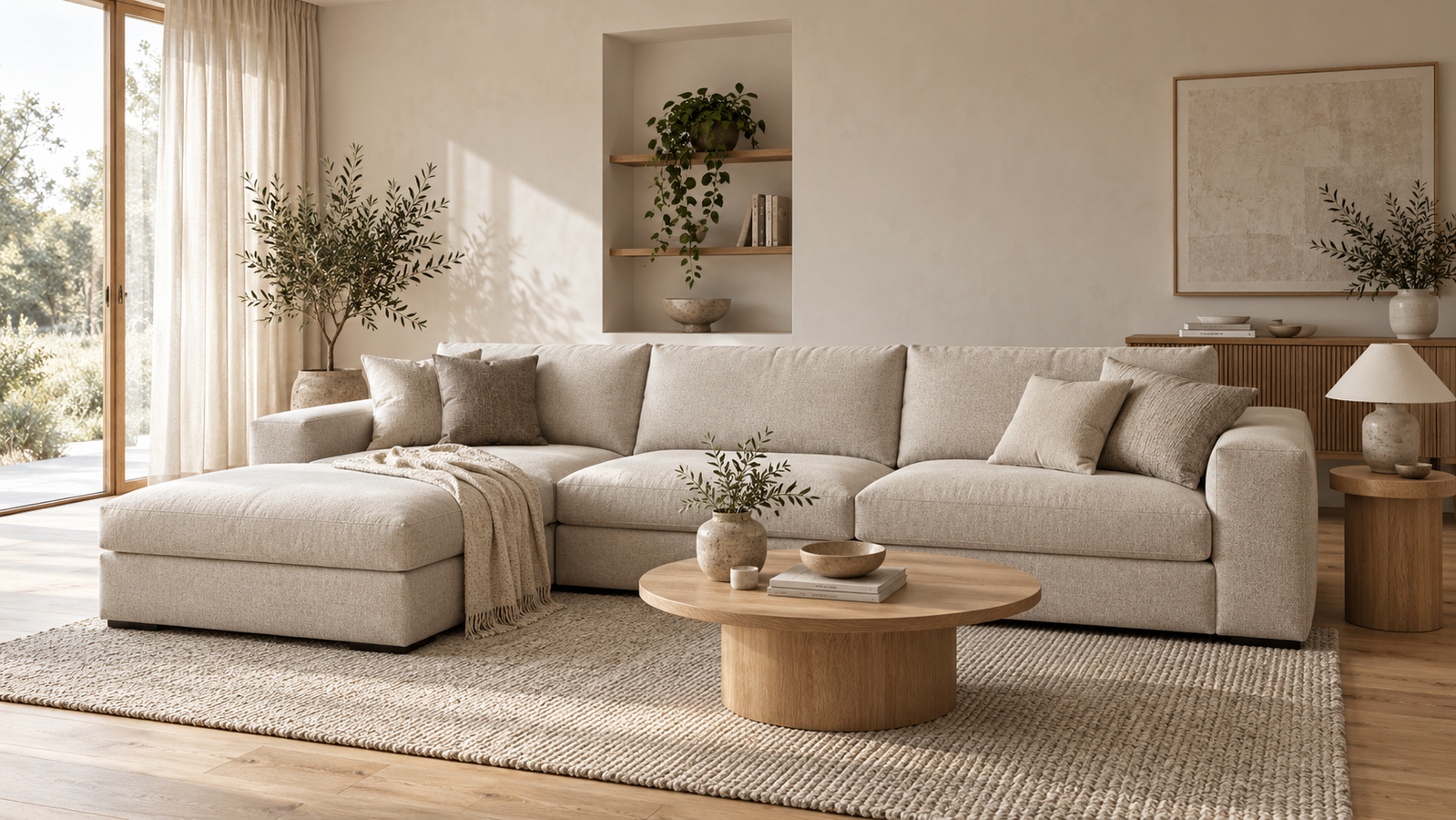 Beige modulsofa med chaiselong i en lys skandinavisk stue