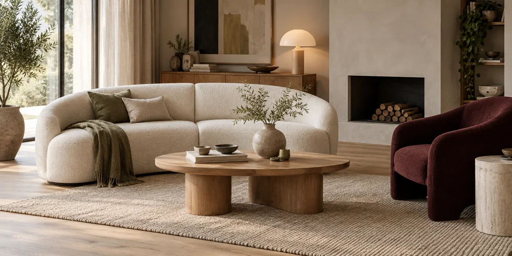 Moderne stue med buet sofa, sofabord i eg og vinrød lænestol