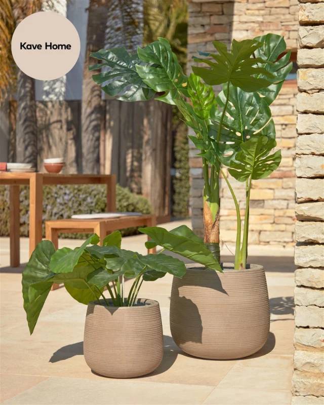 Denne smukt designede, vedligeholdelsesfrie plante, Alocasia fra Kave Home, kommer med en tiltalende naturlig finish på de brede blade, der udfolder sig majestætisk fra en holdbar sort plastikpotte, fyldt med falsk sort grus for et autentisk og realistisk look 🌿