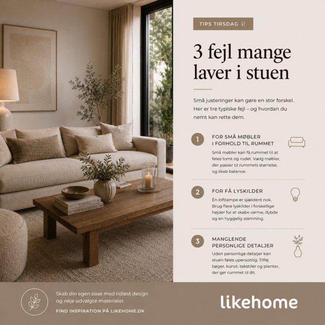 Tips Tirsdag ✨⁠
⁠
Små ændringer kan gøre en stor forskel i stuen 🤍⁠
⁠
Mange glemmer, hvor meget balance, belysning og personlige detaljer betyder for stemningen i hjemmet 🌿⁠
⁠
Ved at vælge møbler der passer til rummets størrelse, skabe varme med flere lyskilder og tilføje naturlige materialer og teksturer, kan stuen hurtigt føles mere harmonisk og indbydende ✨⁠
⁠
Et hjem skal ikke kun være smukt at se på, men også rart at opholde sig i 🤎⁠
⁠
Find mere inspiration på likehome.dk⁠
⁠
#tipstirsdag #stue #boliginspiration #nordiskdesign #interiør #modernehjem #likehome⁠
